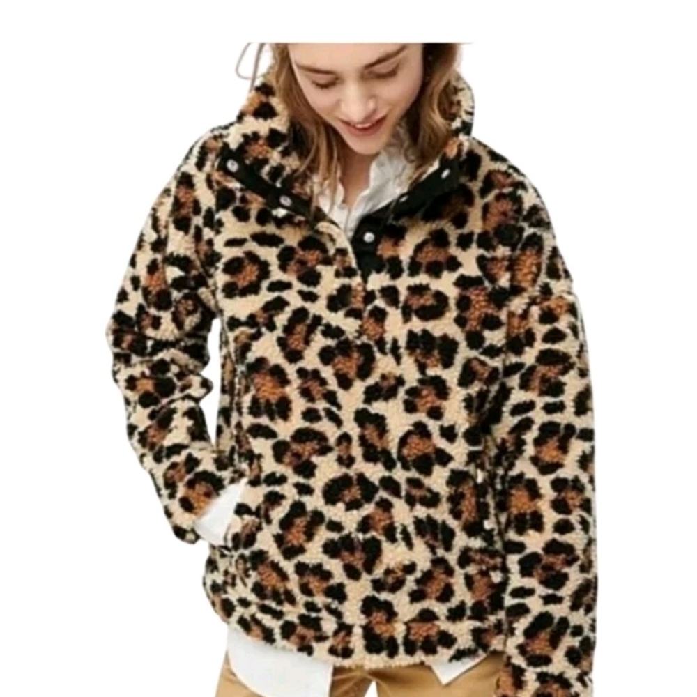 J. Crew Leopard Print Sherpa Fleece Pullover Sz Small